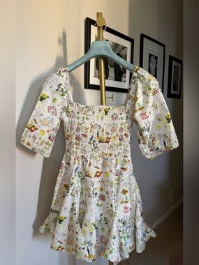 RHODE Astrid Smocked Whimsical Picnic Print Mini Dress / Multi / Size Medium